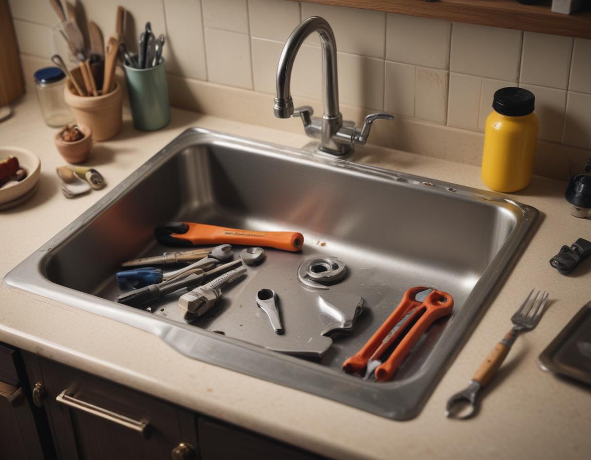 Various tools including wrench, screwdriver, O-rings, and plumber's grease ready for faucet repair