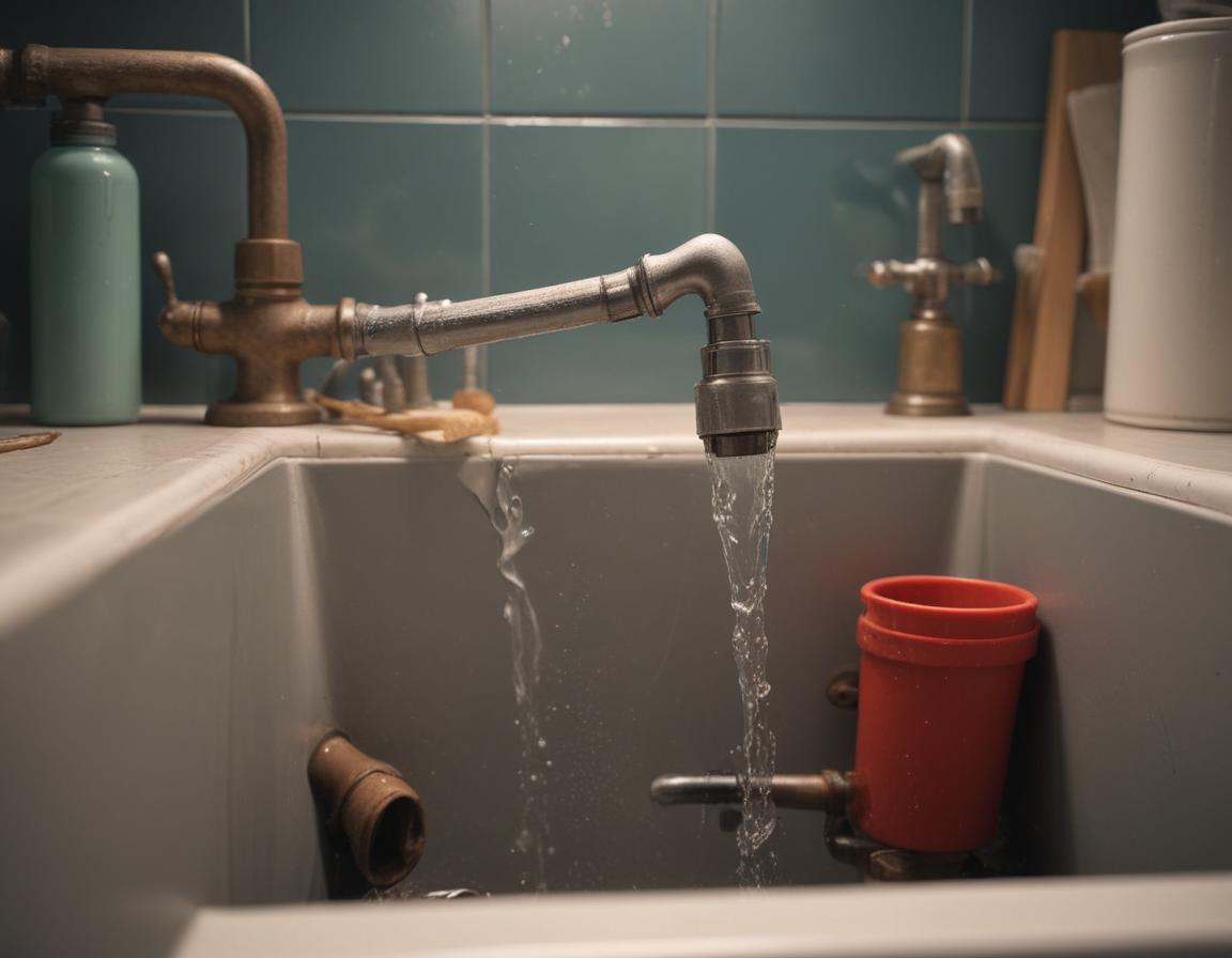Visible water dripping under a sink with tools and a bucket nearby