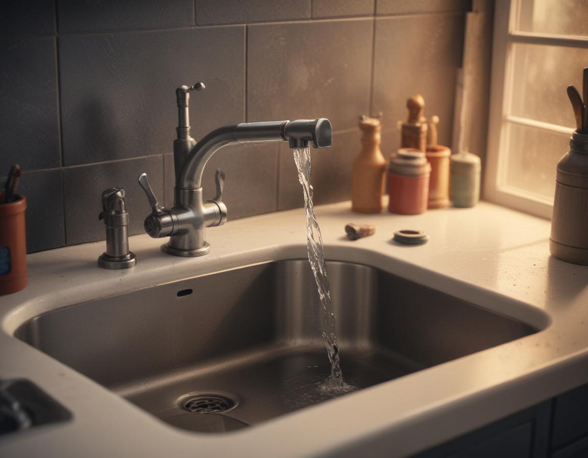 Plumbing tools including a wrench, Teflon tape, and plumber’s putty on a work surface