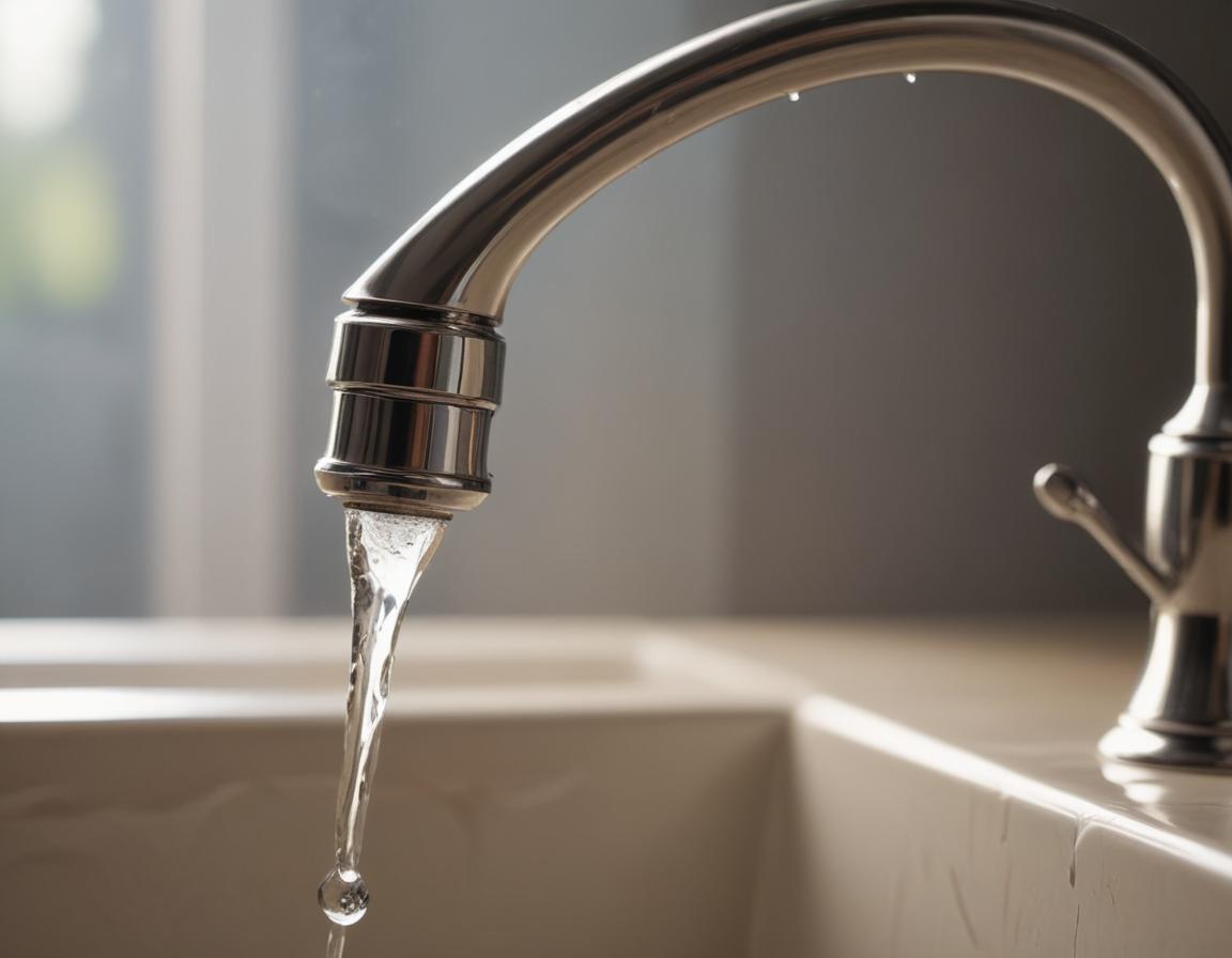 Close-up image of a dripping faucet with droplets