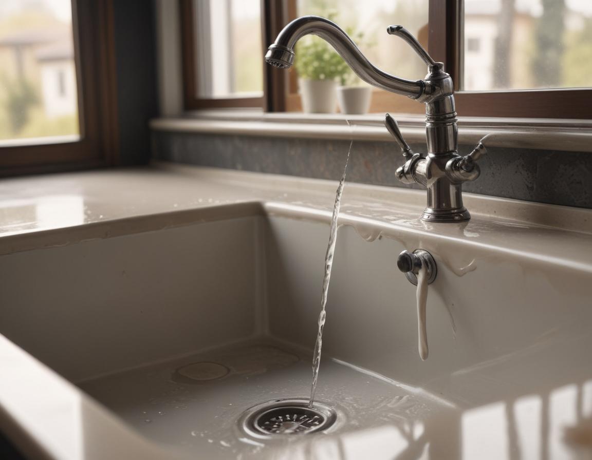 A clean kitchen sink with a dripping faucet emphasizing water waste