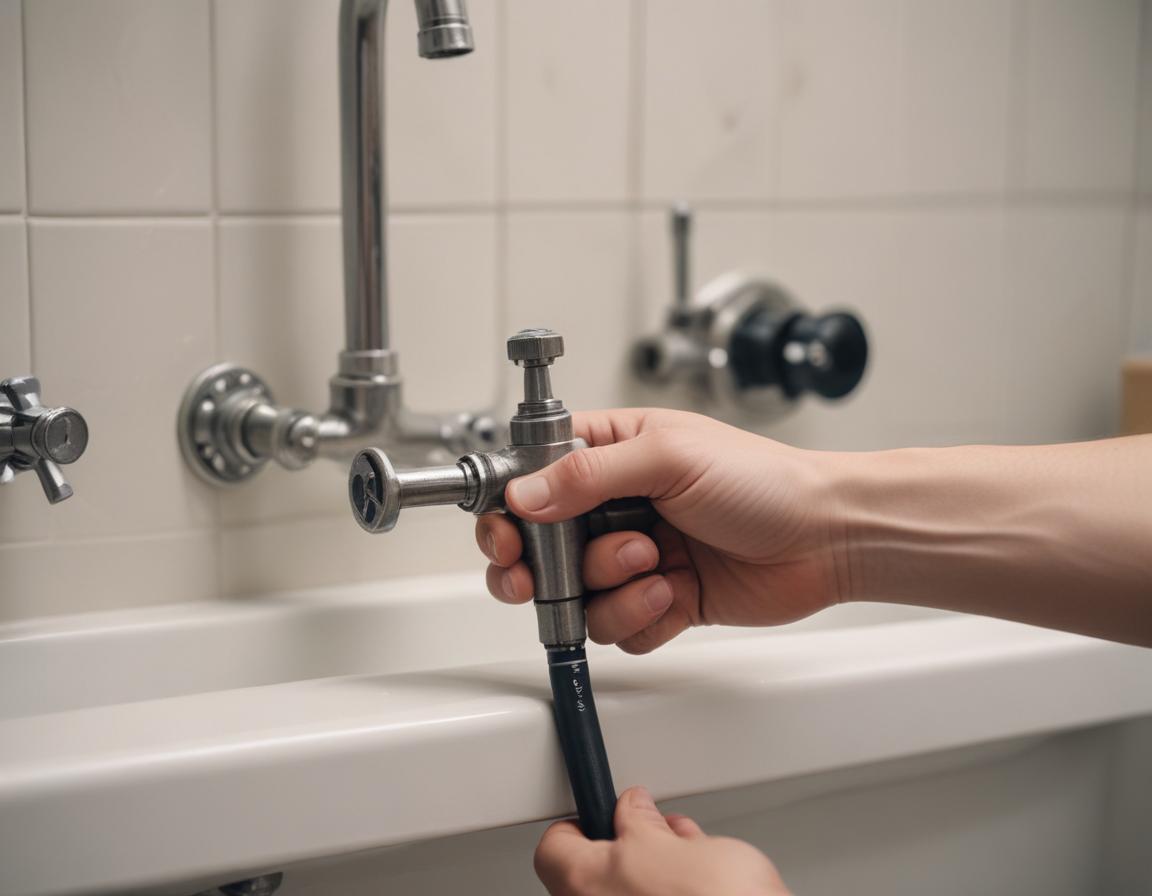 Turning off the water supply with a wrench under a sink.